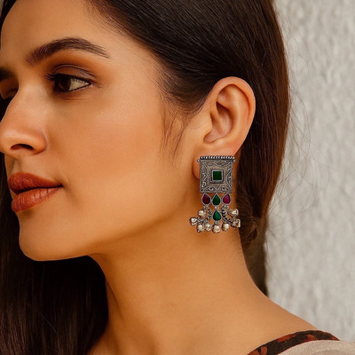 Digital Dress Room Stud Earrings Flower Red & Green Enamel/Ghungroo Oxidized Silver for Women Alloy Drops & Danglers