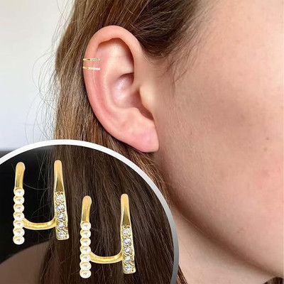 THANU'S CRAFT Elegant 18K Gold-Plated Double Layer Ear Cuffs Crystal Metal Cuff Earring