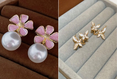 IEEP Korean Earrings Combo Pack of 2 for Women & Girls Pink and Gold Pearl Studs Alloy Stud Earring