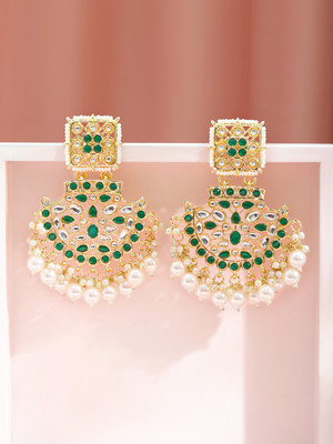 RUBANS 18K Gold-Plated Green & White Kundan Long Chandbali with White Pearls Bead Brass Hoop Earring
