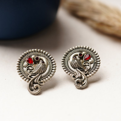 Sanseeta MorRatna- Silver Brass Stone Studded Stud Earrings(Red) Zircon Brass Stud Earring