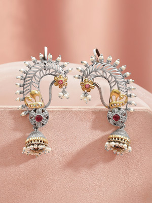RUBANS Rhodium-Plated Oxidised Earcuff Jhumka with Ruby Red Stone & Pearls Brass Jhumki Earring