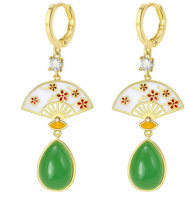 NBT Dangle Earrings with a Green Teardrop Stone and Enamel Detailing Cubic Zirconia, Emerald Copper Drops & Danglers, Hoop Earring