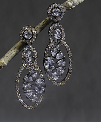 ZENEME Gunmetal Toned White American Diamond studded Oval & Quirky Shaped Drop Earrings Cubic Zirconia Brass Drops & Danglers