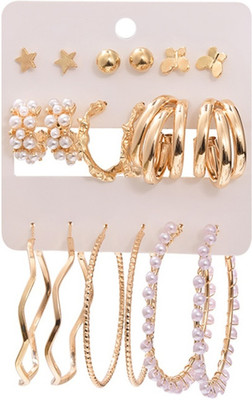 Vembley 9 Stunning pairs of Gold Plated studs & hoops with combo of Pearl Earrings Alloy Stud Earring, Hoop Earring