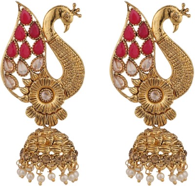Jewels Capital Peacock Shaped Brass Gold Plated Pink Stone Studded Jhumka Earring_JC Cubic Zirconia Brass Jhumki Earring