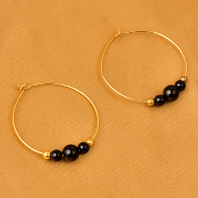 Pearlz Ocean Bloomberry Black Agate & Onyx Gemstone Beads Alloy Hoop Earring