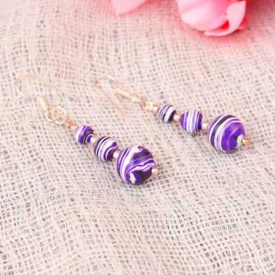 Pearlz Ocean 2.5 Inch Dyed Howlite Purple & White Round Shaped Dangle Earrings For Girls & Women Alloy Drops & Danglers