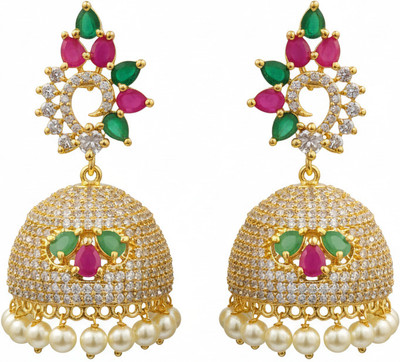 Jewelz Traditional AD Gold Jhumki Earrings with Green Stone, Ruby, and Embellishments Brass Drops & Danglers