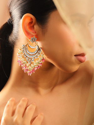 RUBANS Rubans 22K Gold Plated Regal Kundan Chandbali Earrings with Pearl & Bead Accents Pearl Brass Chandbali Earring