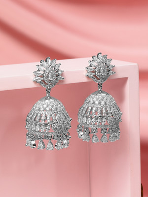 RUBANS Rubans Rhodium-Plated White Cubic Zirconia Studded Jhumka Earrings for Women Cubic Zirconia Brass Jhumki Earring