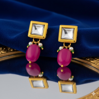 SHI Jewellery Kundan Gold Plated Square Shape Pearl Drop Stud Earrings for Girls and Women Mother of Pearl Alloy, Brass Stud Earring, Plug Earring