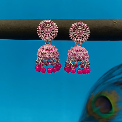 Jitec Oxidised Pink Jhumka Earrings with Beads, Indian Ethnic Gift Jewelry Alloy Jhumki Earring, Earring Set, Hoop Earring, Huggie Earring