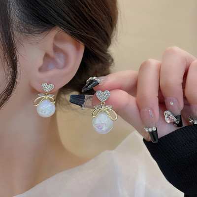 Vembley Korean Exquisite Bow Pearl Mermaid Pearl Crystal Heart Shape Earring Stainless Steel Stud Earring