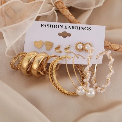 Vembley Vembley Combo 9 Pair Stunning Golden Gold Plated Pearl Alloy Hoop Earring Alloy Stud Earring