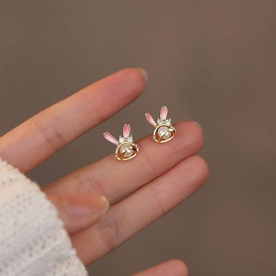 MAHADEV CREATION Trendy Cute Bunny Rabbit Moon Korean Mini Stud Earrings Crystal Alloy Stud Earring