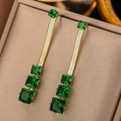 KRYSTALZ New Creative Green Square Zircon Tassels For Women Fashion Long Earrings Emerald Alloy Hoop Earring, Drops & Danglers