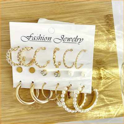 TVI Combo of 9 Pair Gold Plated Stone Stud And Pearl Hoop Earrings For Women / Girls Pearl Alloy Hoop Earring