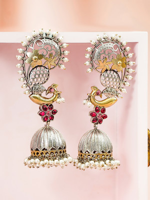 RUBANS Gold & Silver Plated Ear Cuff Earrings with Bird Motif, Ruby Pink & Pearl Brass Cuff Earring
