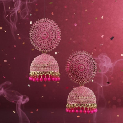 pas Unique pink golden Bead Stone Jhumka Earrings for girls & women for party wear Cubic Zirconia, Beads Alloy Jhumki Earring, Earring Set, Drops & Danglers