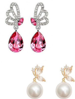 YELLOW CHIMES 2 Pair Combo of Butterfly Designed Pearl and Crystal Drop Earrings Pearl Alloy Drops & Danglers
