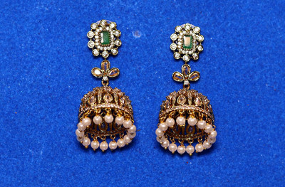 SSDINDMKT Gold Tone Jhumka Earrings with Green AD Stone and Pearl Drops Crystal Metal Jhumki Earring