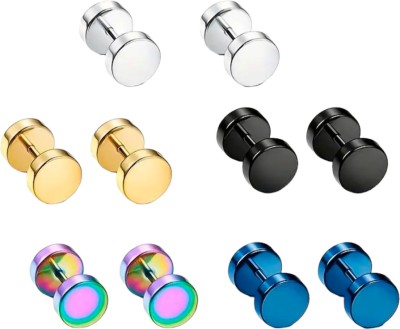 Shree Ju Trendy Gold Black Multi Silver Blue Barbell Dumbbell Bali For Men Women (5 Sets) Stainless Steel Huggie Earring, Stud Earring, Earring Set