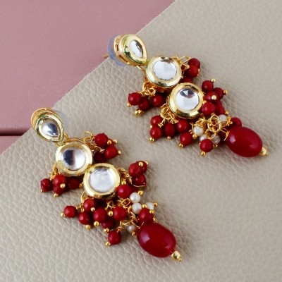Lucky Jewellery Traditional Back Meenkari Gold Plated uncut kundan Maroon Earrings Beads Alloy Drops & Danglers