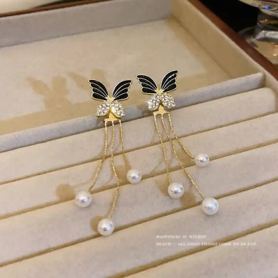 Onuyx Onuyx Korean Earrings For Women & Girls /Black Butterfly Pearl Earrings Beads, Pearl Alloy Drops & Danglers