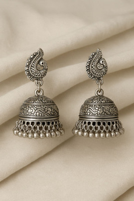 Derozmi Oxidized Silver Jhumka Earrings, Traditional Floral Peacock Design Alloy Drops & Danglers, Jhumki Earring
