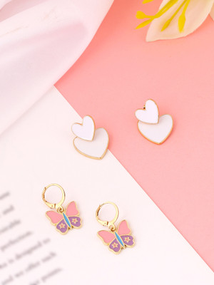 YELLOW CHIMES Huggie Hoop With Butterfly Charm and White Color Double Heart Drop Earrings Metal Earring Set