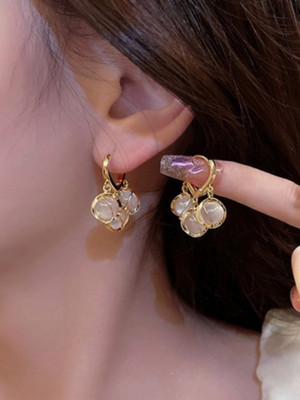 PTwoCreators Gold Opal Hoop Korean Earrings | With Premium Box Crystal Alloy Clip-on Earring