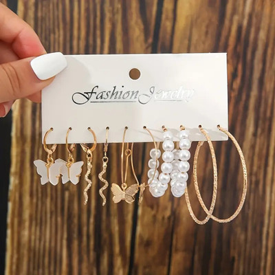 TheVineGirl Combo of 5 Pair Golden Butterfly Snake Pearl Hoop Earrings For Women And Girls Pearl Alloy Hoop Earring