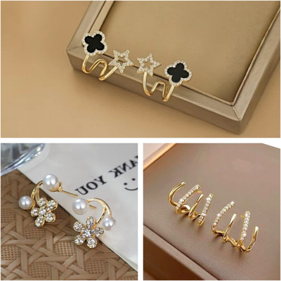 Tiso Pack of 3 Korean Stylish Gold Stone Earrings for Women Girls Light Weight Fancy Crystal, Cubic Zirconia, Pearl Alloy, Brass, Stone Drops & Danglers, Earring Set, Hoop Earring, Rhinestone Studs, Stud Earring