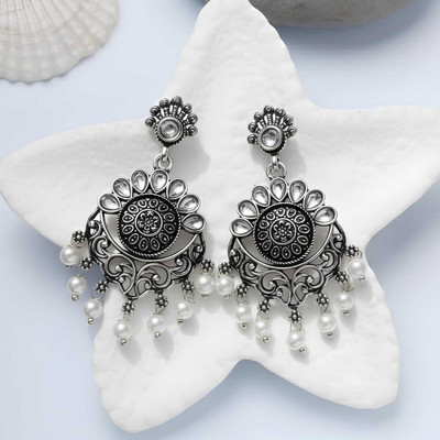 Nayaab collection Oxidised Silver Chandbali Earrings with White Pearls Metal Chandbali Earring, Drops & Danglers, Earring Set, Jhumki Earring, Plug Earring