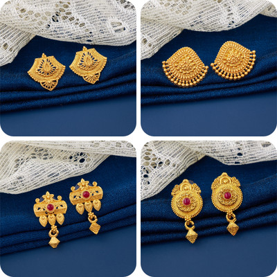 LaChoiceIt Pack of 4 Pair Traditional Gold Pleted Earring Collection Brass Earring Set