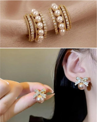 GRAVITEEE Combo of 2 Korean Earrings Stainless Steel Stainless Steel Earring Set, Cuff Earring, Rhinestone Studs, Stud Earring, Huggie Earring, Hoop Earring