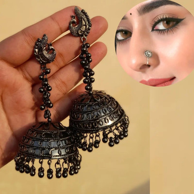Ashir Oxidised black peacock jhumki Earrings with nosepin for women and girls Alloy Jhumki Earring