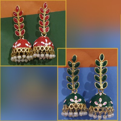 MD HUBS STORE Pack Of 2 Meenakari Agate Leaf Jhumka For Women & Girls (Red,Green) Agate Alloy, Brass Earring Set, Jhumki Earring