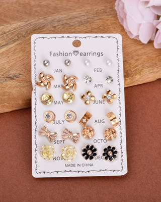 RN SHOPPING HUB 12-Pair Monthly Stud & Dangle Earring Set – Fashion Jewelry for Women & Girls Pearl Alloy Earring Set, Stud Earring, Rhinestone Studs