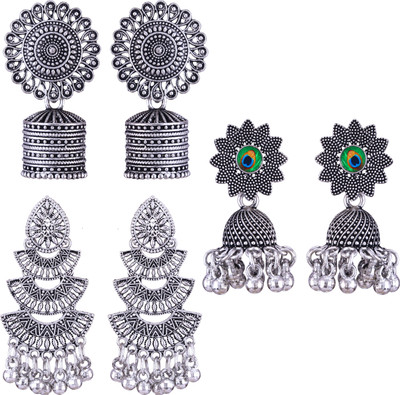 MEENAZ oxidised earrings jhumki silver combo party stylish simple small jhumka 4 set Beads, Pearl, Cubic Zirconia, Diamond Brass, Enamel, Copper, Zinc, Stone Drops & Danglers, Chandbali Earring, Earring Set, Jhumki Earring
