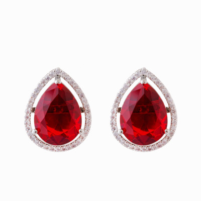Manikya Manikya Brass American Diamond Rhodium Plated Studs With Red CZ Stone Cubic Zirconia Brass Stud Earring