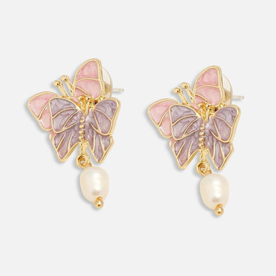 Lady Raiment Pink/Lavender Double Butterfly with Pearl Bead Stud Earrings Stainless Steel Stud Earring