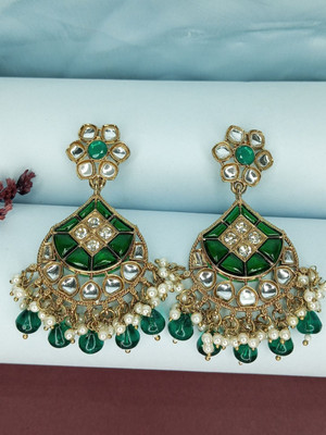ANOUK Anouk Gold-Plated Kundan Studded & Beaded Dangler Floral Drop Earrings Brass Drops & Danglers