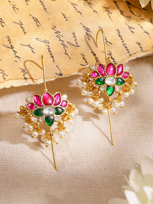 RUBANS 22K Gold-Plated Ruby Pink, Emerald & Kundan Lotus Design Ear Cuff-Pearl Beads Brass Cuff Earring