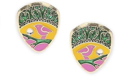 Oomph Green & Yellow Meenakari Ethnic Ear Stud Earrings with Brid Design Beads, Crystal Alloy Stud Earring