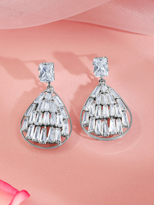 RUBANS Rubans Rhodium-Plated Baguette-Cut Cubic Zirconia Statement Drop Earrings Cubic Zirconia Brass Drops & Danglers