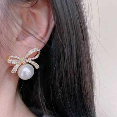 JRISSY Light weight pearl Bow hoops Alloy Hoop Earring Cubic Zirconia Stainless Steel Drops & Danglers
