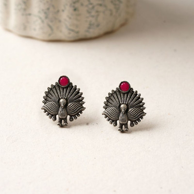 Sanseeta Pakshi- Silver oxidised stone studded stud earrings Zircon Brass Jhumki Earring
