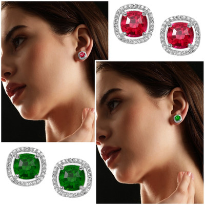 THANU'S CRAFT Stylish Silver Plated Multicolor Cubic Zirconia Square Earrings Earcuff Studs Cubic Zirconia Metal Stud Earring